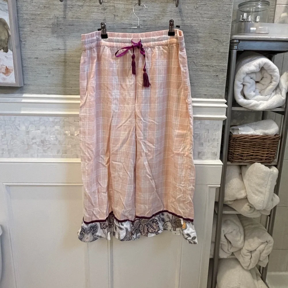 Large Anthropologie floreat patchwork sleep pants ruffle hem pink plaid floral